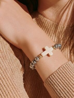 Faith Core Gunmetal Beaded Cross Bracelet Gold Accent Stretch Minimalist Silver